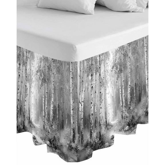 Grey Wrap Around Bed Skirts for Queen Bed 18" Drop, Bed Skirt with Adjustable Elastic Belt Dust Ruffle Bed Valance for Bedroom Hotel Luxury Modern Oil Painting Art Forest Bed Frame Cover