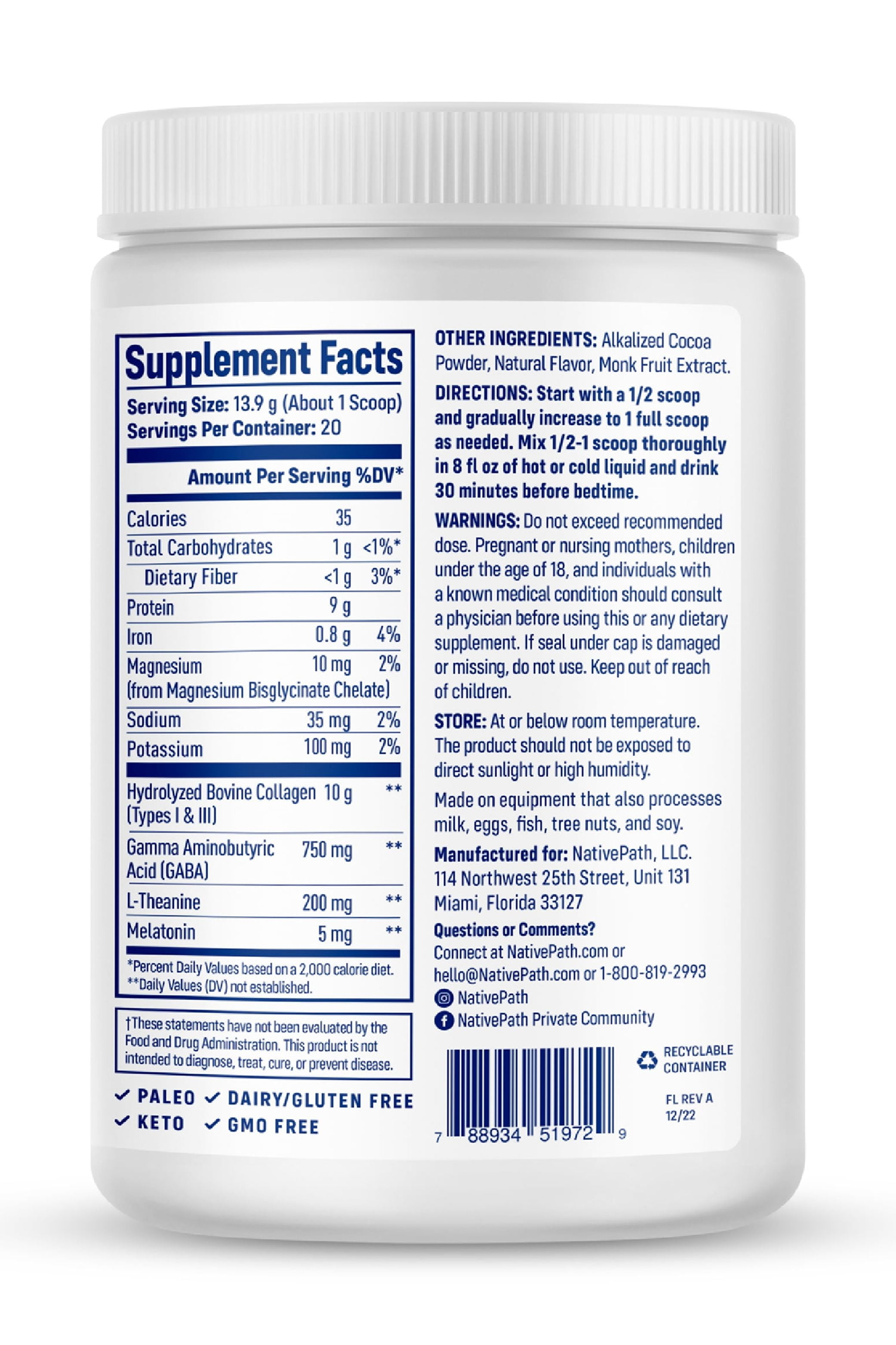 NativePath Collagen PM Chocolate, Sleep Support with Magnesium & Melatonin, 20 Servings