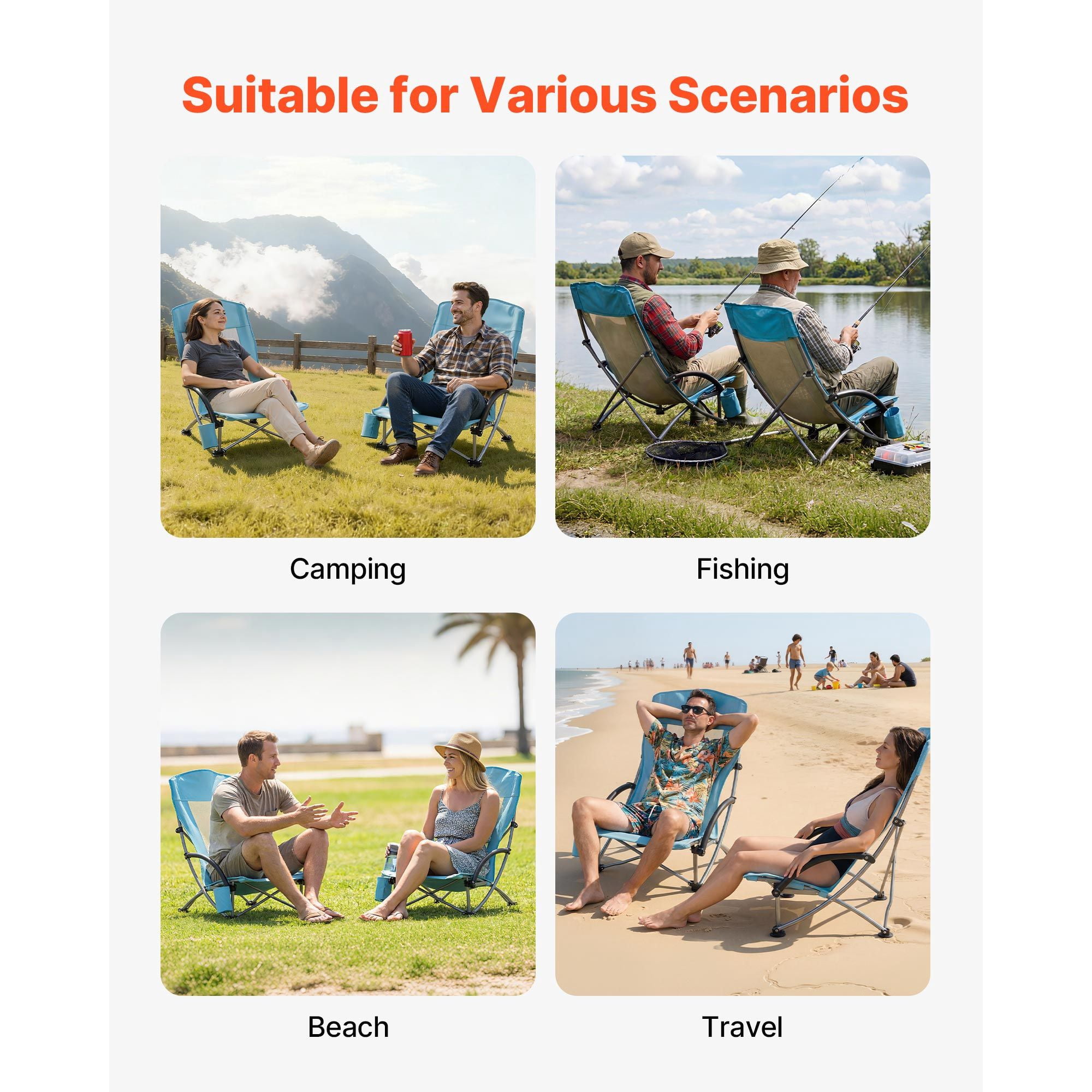 Folding Beach Chair, High Back Camping Chairs for Adults, with Cup Pocket, Mesh Back, Carry Bag, Portable Extra Wide Seat Chair 330 lbs Heavy Duty Support, for Outdoor, Camp, Light Blue