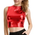 thumbnail image 1 of Pantalones de Cuero de Cintura Alta para las Mujeres con Textura Patente Brillante, Top de Club Nocturno de las Mujeres, Tops sin Mangas de Cuello Alto para las Mujeres en Estilo Metálico, 1 of 8