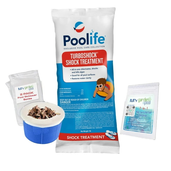 Poolife TurboShock Treatment 1 lb with My Garden Pool 7 in 1 Test Strips, 20 ct, and 2 Pool Skimmer Socks, Also Pool-IQ AI Assistant! - 1 Pack