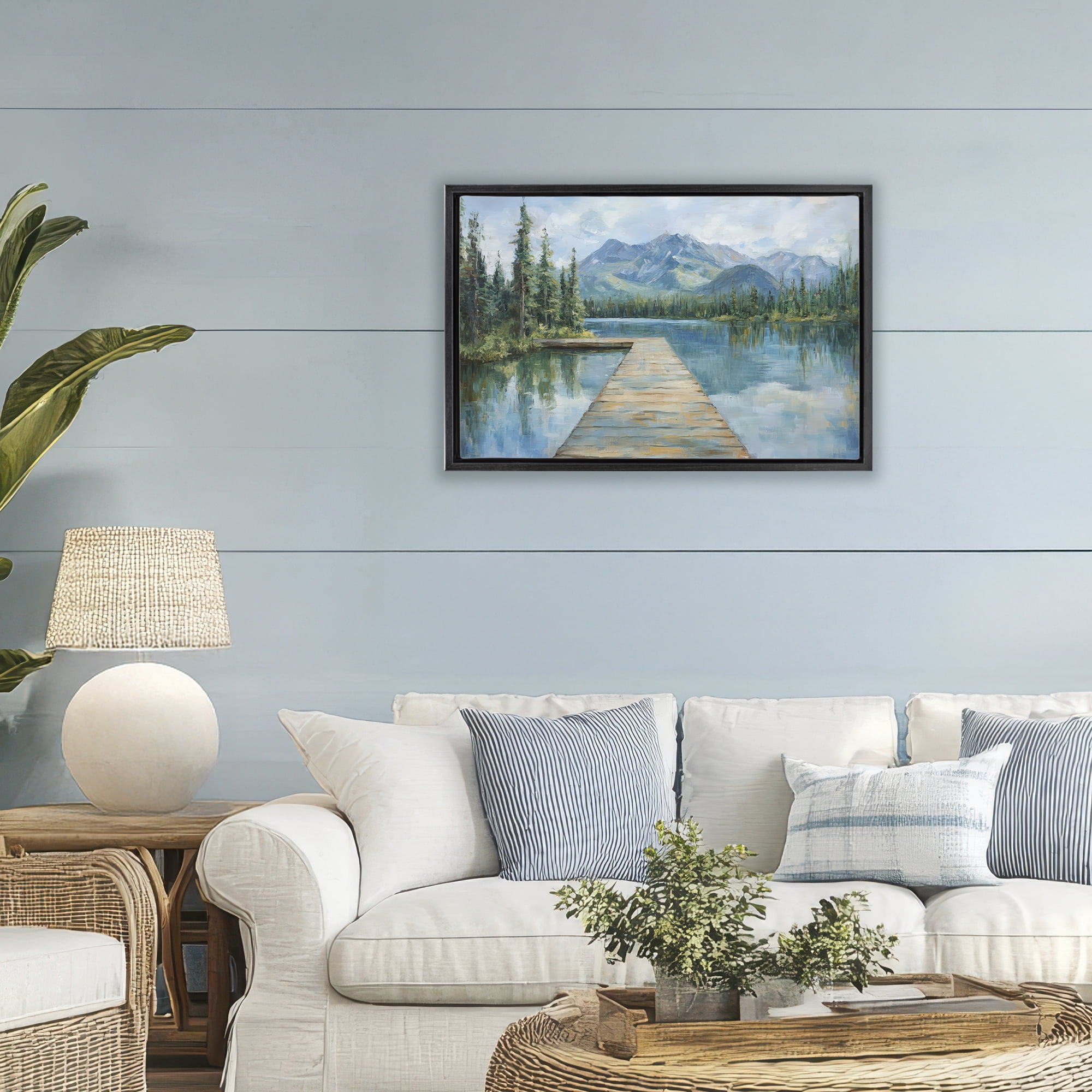 Stupell Industries Peaceful Lake Dock in the Mountains Black Framed Floater Canvas Wall Art, design by Petal Prints Design