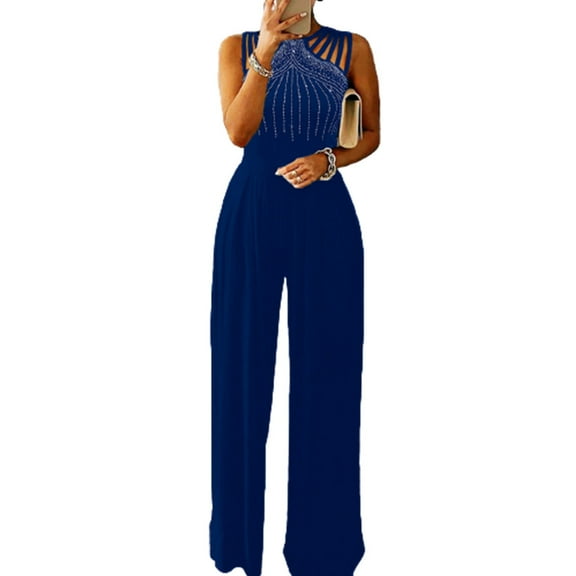Patlollav Ladies Jumpsuit,Womens Diamond Solid Halter Jumpsuit Pajamas Casual Wide Leg Pants