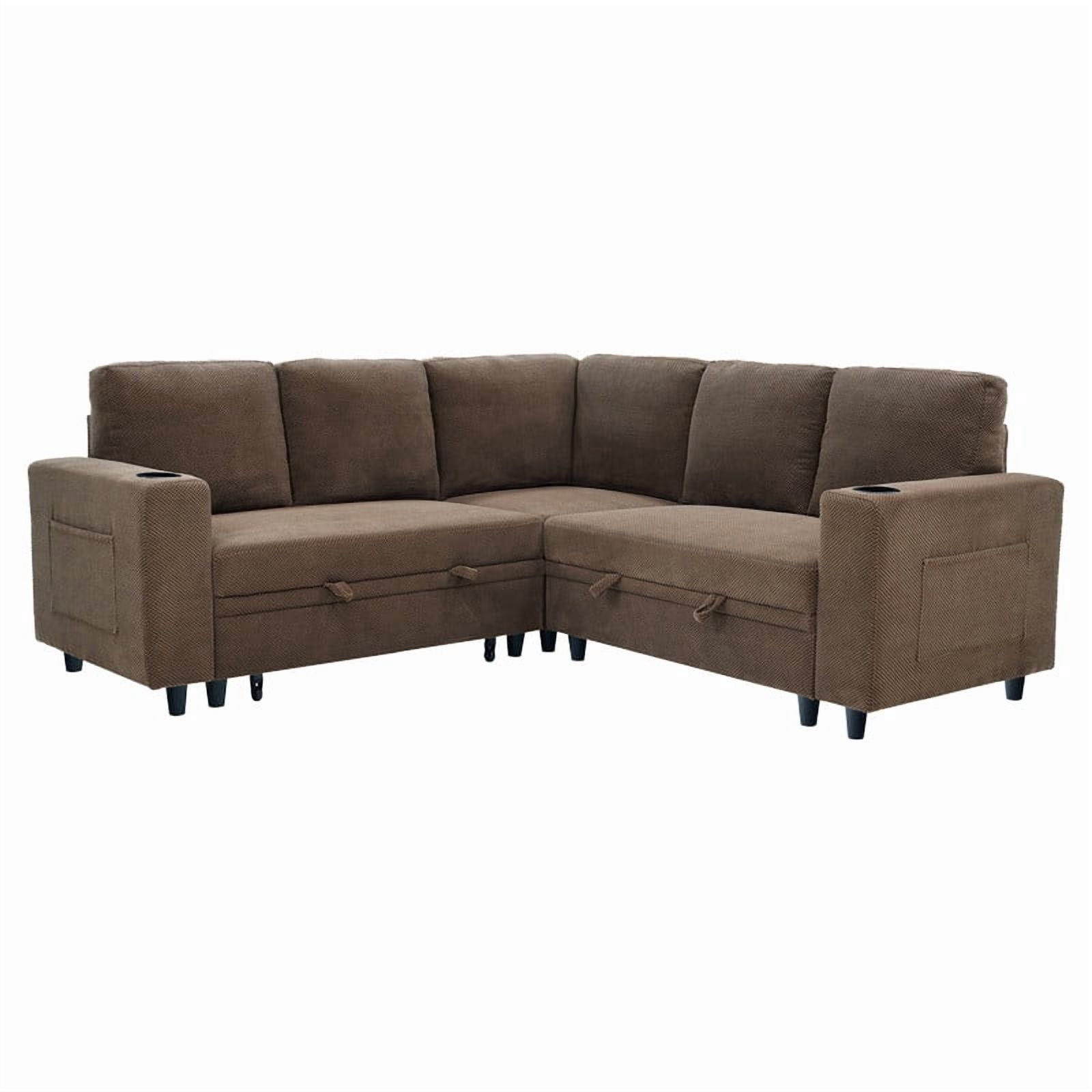 L-Shape Sectional Sofa with Pull-Out Sleeper Bed, Storage Chaise, Cup Holders & Side Pockets, Convertible Corner Sofa Couch for Living Room, Apartment & Guest Room