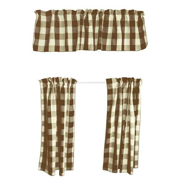 Poplin Buffalo Checkered 3 Piece Set Window Valance 58" Wide Brown and Cream