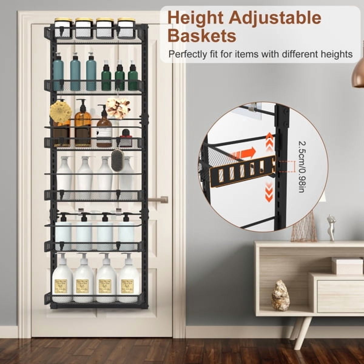 6-Tier Over the Door Pantry Organizer, Large Metal Door Spice Rack, Hanging Heavy-Duty Pantry Door Storage Shelf 10LBS Loading Easy Install Behind Door Storagefor Kitchen and Bathroom, Black