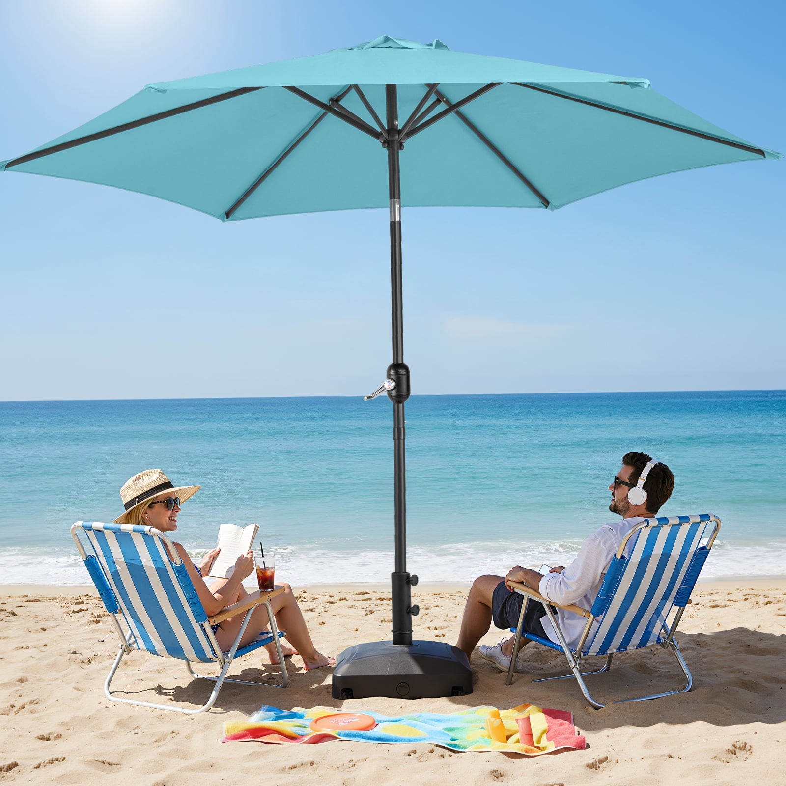 9FT Round Patio Umbrella - Sky Blue, Heavy-Duty Polyester Canopy, 6 Iron Ribs, Crank Tilt & KD Structure for Outdoor Spaces (Patio/Balcony/Garden/Poolside)