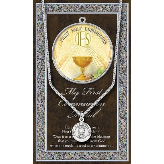 First Holy Communion Pewter Medal Pendant with Chain, Made in USA