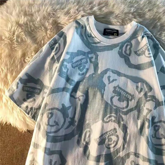Verano nuevo estilo marea nacional estampado completo oso de dibujos animados Kawaii camiseta de manga corta mujer Retro suelta Harajuku Casual de gran tamaño Tan Jianjun unisex