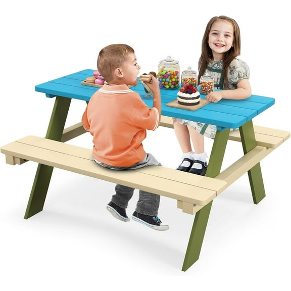YSNW Kids Picnic Table, Acacia Wood Kids Outdoor Table with Benches, Toddler Patio Furniture Set for Backyard, Garden, Lawn, Gift for Boys Girls 3 (Green)