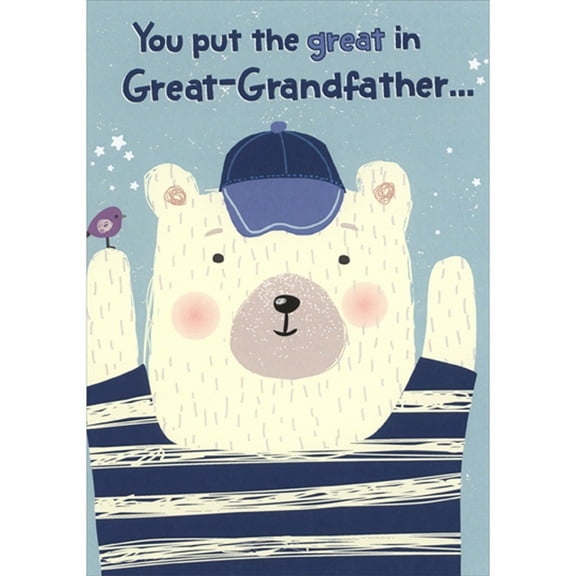 Designer Greetings Put the Great In: White Bear Wearing Blue and White Shirt Juvenile Father's Day Card for Great-Grandfather from Child