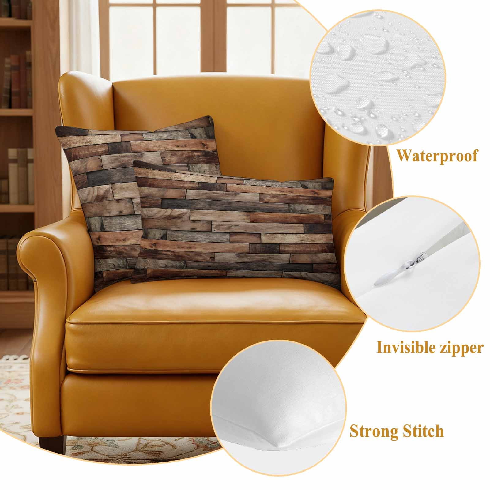 Brown Wood Grain Pillow Covers 2 Pack Farmhouse Vintage Wooden Board Patchwork Pillowcase Waterproof Outdoor Throw Pillow Cover for Patio Garden Square Cushion 18”x18”