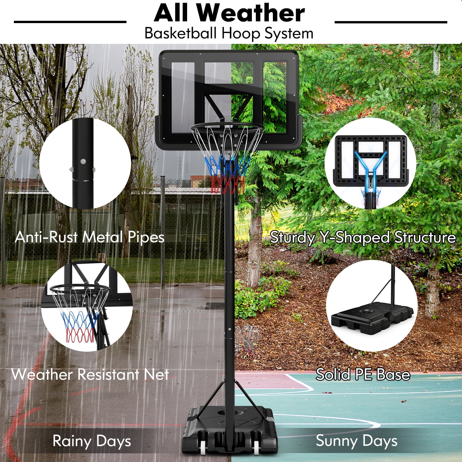 Topbuy Portable Basketball Hoop 8-10FT Height Adjustable Basketball Hoop System w/ 44" Backboard Fillable Base