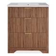 thumbnail image 1 of Modern Fluted Bathroom Vanity with Ceramic Basin, Freestanding Farmhouse Cabinet with 2 Drawers and Tip Out Storage, Easy Assembly for Powder Room, 24 30 36 Inch, Walnut White Wood Color, 1 of 9