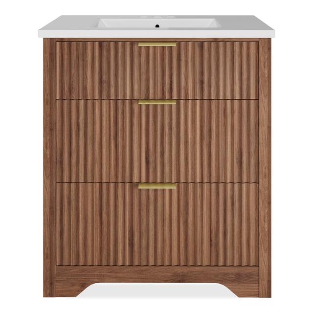 Modern Fluted Bathroom Vanity with Ceramic Basin, Freestanding Farmhouse Cabinet with 2 Drawers and Tip Out Storage, Easy Assembly for Powder Room, 24 30 36 Inch, Walnut White Wood Color