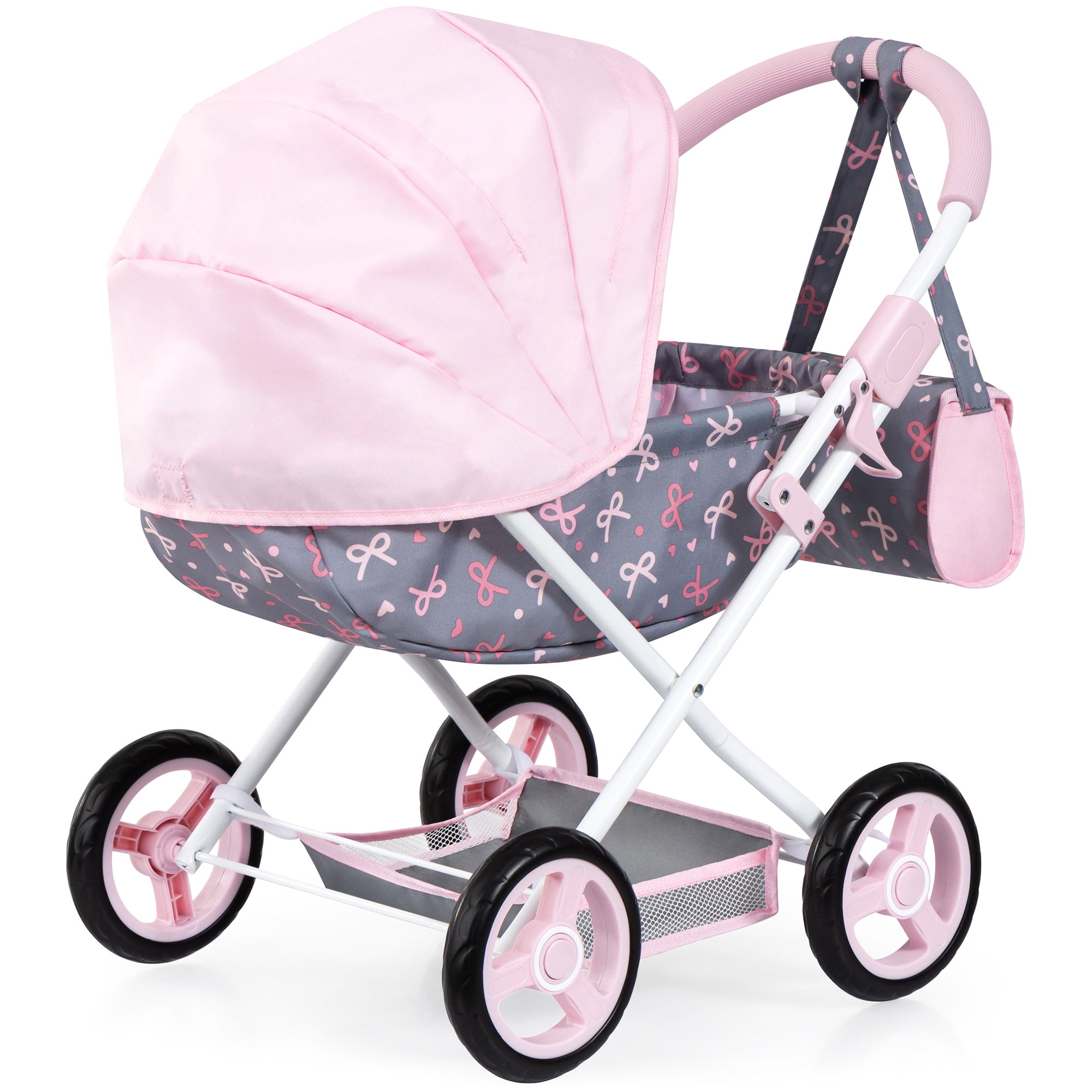 Bayer Design: Doll Pram Cosy - Pink-Grey-Ribbon - Play Push Stroller, Handbag, Blanket & Pillow, Folding, Toy Care Accessory Fits 18" Dolls, Kids 3+