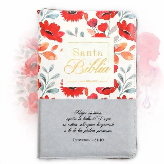Biblia Mujer Virtuosa Letra Grande 12 puntos con Cierre RV1960 gris floral con indice