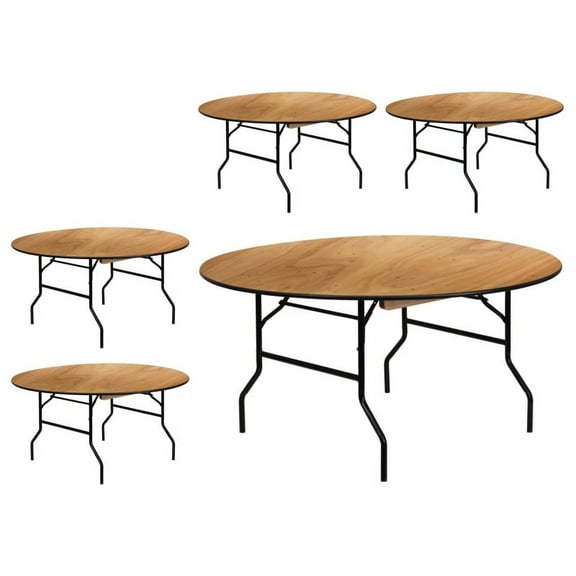 (5 PACK) 60" Round Wood Folding Banquet Table - Commercial Quality Banquet Table