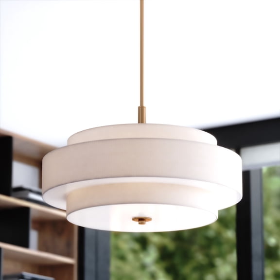 VAXCEL Brentwood 5-Light Gold Mid-Century Modern Drum Pendant White Fabric Shade