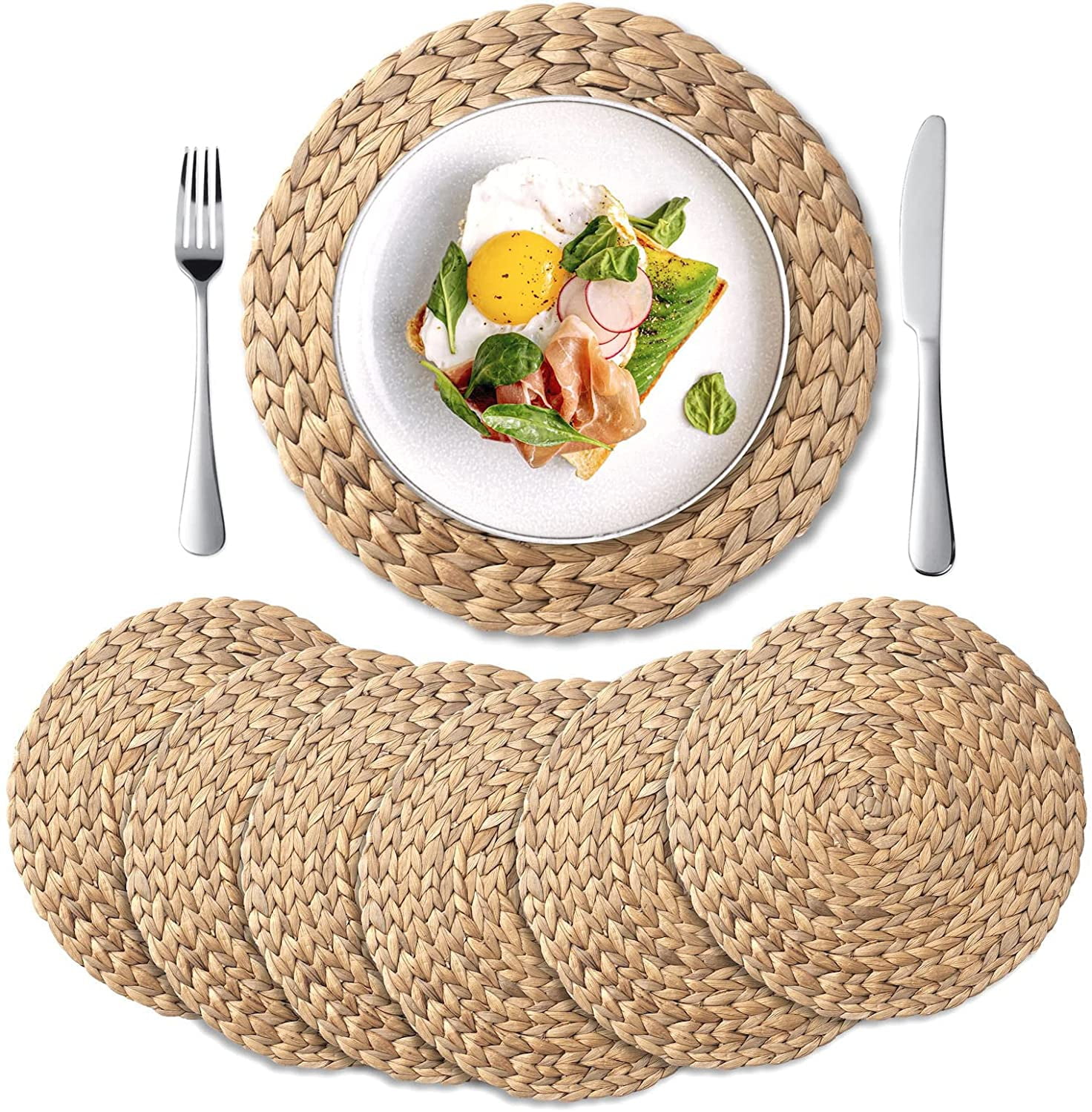 Round Straw Placemats & Coasters Dinner Water Hyacinth Weave x12 Palm Leaf 