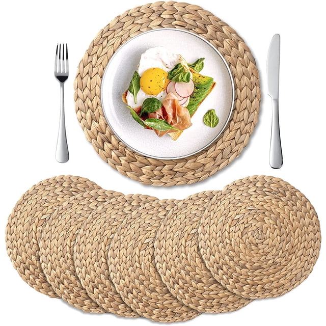 Juego de 6 (30 cm) manteles individuales de jacinto de agua tejido natural, manteles individuales tejidos redondos, manteles individuales de paja tejida,