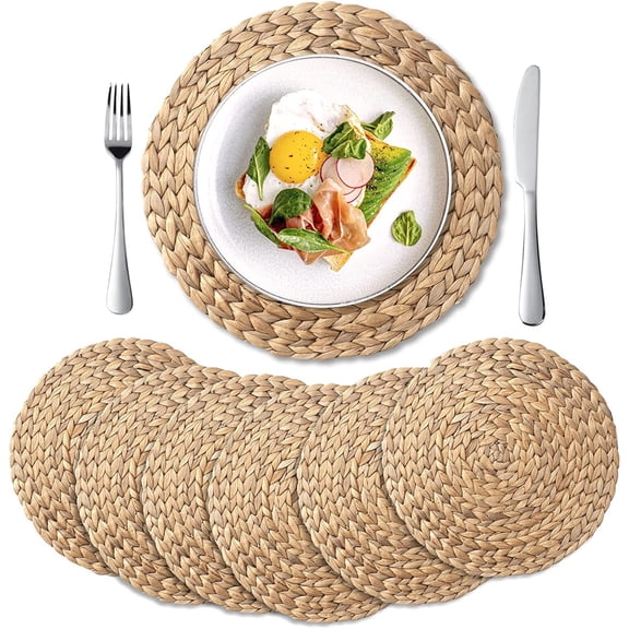 Round Woven Water Hyacinth Placemats Set of 4, 13.8 Inch Braided Wicker Charger Plates for Dining Table, Fall and Holiday Decor