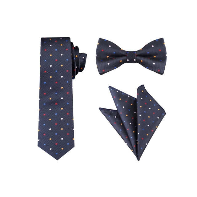 CONJUNTO DE CORBATA DE PUNTOS PARA EL DÍA DEL PADRE HOMBRE INSPIRADOR Corbata delgada, moño preatado y pañuelo de bolsillo Talla única Color azul marino colorido