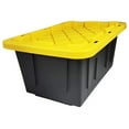 thumbnail image 3 of HeSLehs 15-Gallon Durabilt Plastic Stackable Storage Organizer Container w/Snap Lid and Hasps for Tie-Down Straps or Locks, Black/Yellow (2 Pack), 3 of 9
