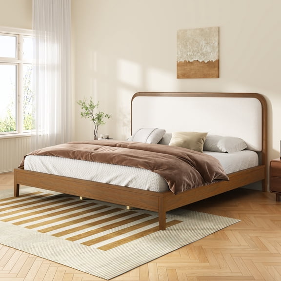 Christopher Knight Home Minimalist King Wood Bed Frame with Upholstered Curved Headboard, Brown Oak