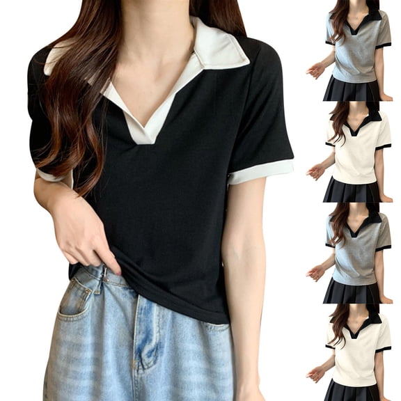 Ashirexll Womens Casual Tops, Summer Shirts for Women, Fashion Casual Loose Solid Color V-Neck Short Sleeve T-Shirt