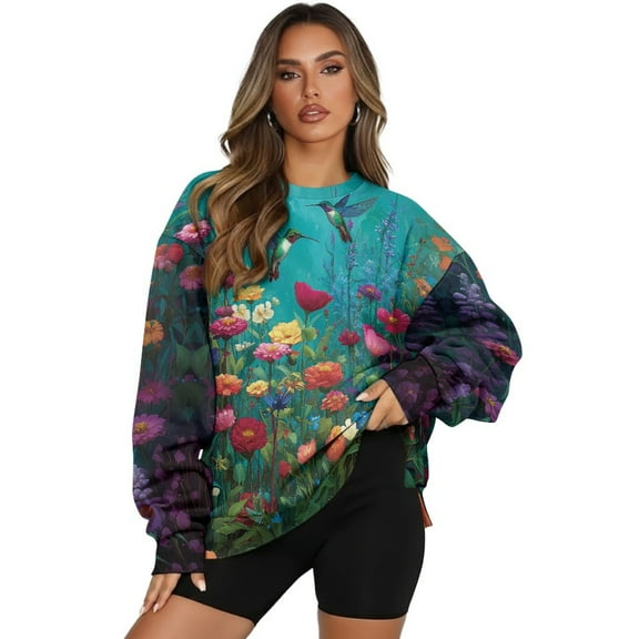 SCRAWLGOD Hummingbird Floral Print Crewneck Fall Sweatshirts for Women Trendy Women's Long Sleeve Pullover Tops with Pockets Stylish for Daily Wear, Spots, Office, S