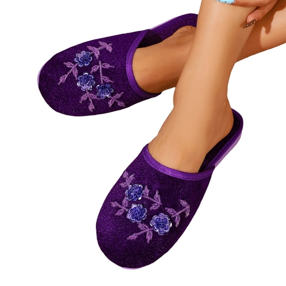 Women's Velvet Floral Embroidered Closed Toe House Slippers Slip On Soft Anti-Slip Indoor Bedroom Home Slides, 38