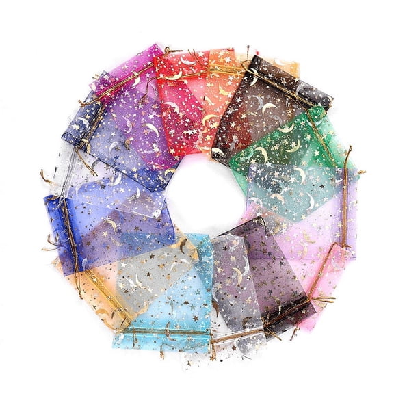 Rectangle Organza Drawstring Bags Hot Stamping Moon and Star Pattern Mixed Color 12x9cm