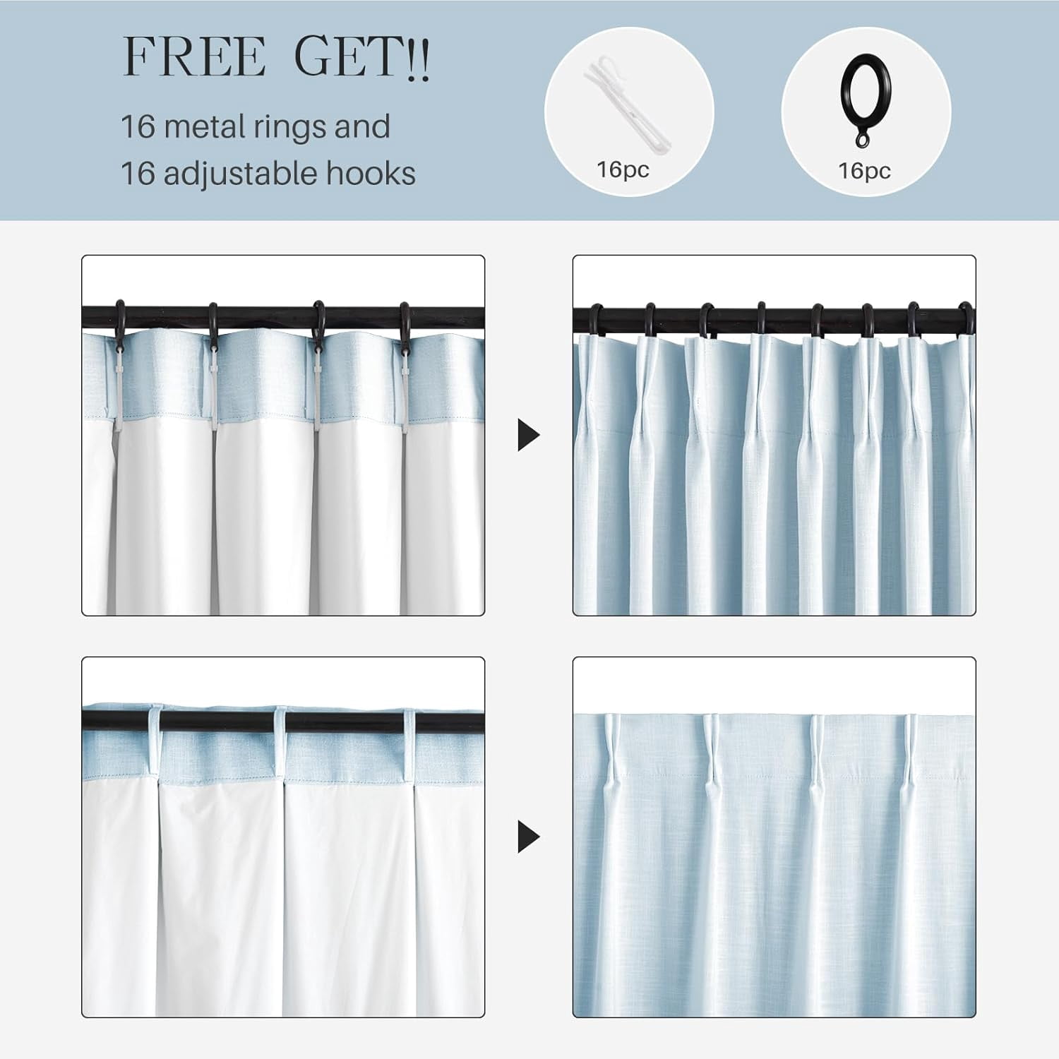 Galenzoov 40*95 inch Pinch Pleated Linen Curtains - 100% Black Out, Thermal Insulated Living Room Bedroom Curtain Double Layer Room Darkening Drapes with Hooks, 2 Panels, Blue