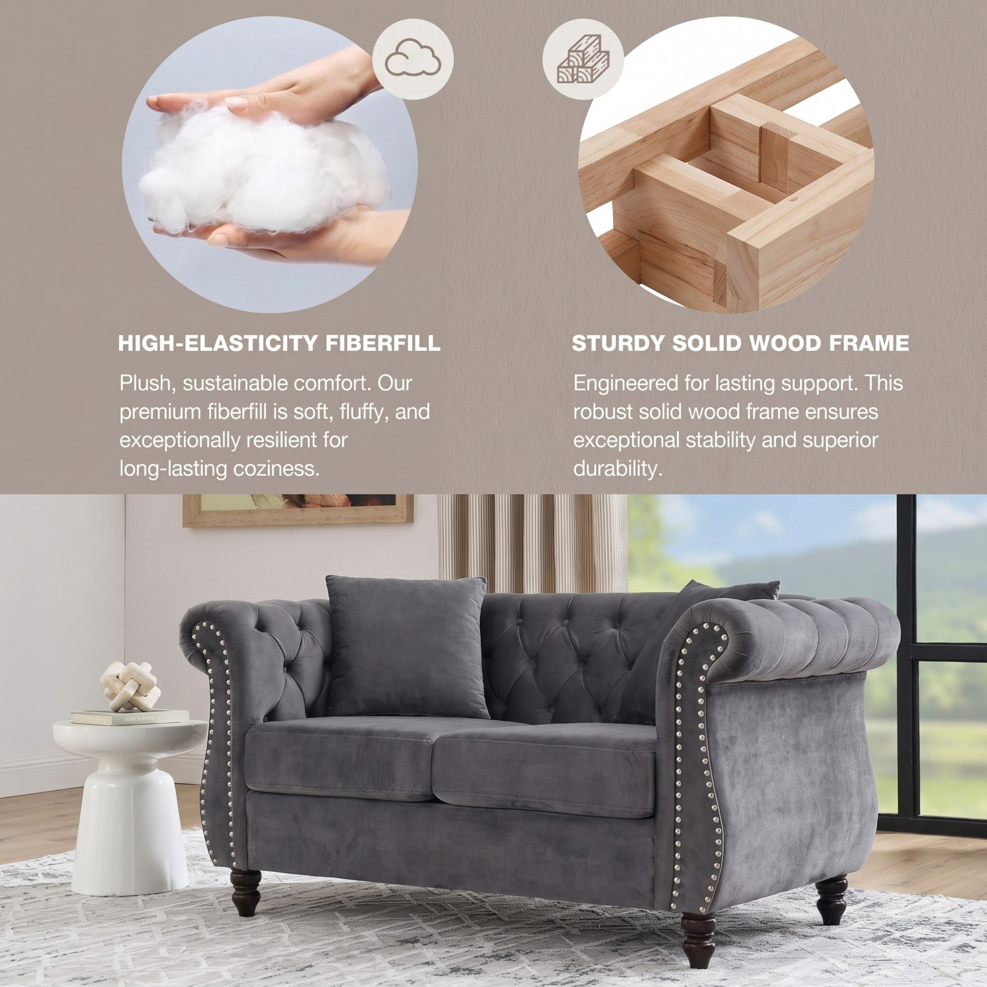 Sailvan 58.8" Velvet Chesterfield Sofa, 2 Seater Tufted Loveseat with Rolled Arms & Nailhead Trim, Grey Couch for Living Room & Office Grey