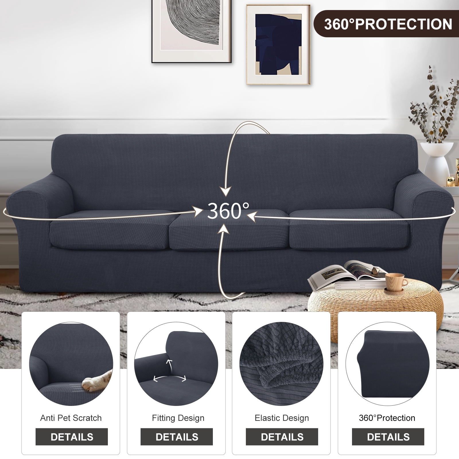 U-NICE HOME 4 Pieces Oversized Stretch Couch Cover Sofa Cover Washable Sofa Slipcover With Individual Seat Cushion for 3 Cushion Couch Sofa Pet Friendly, Dark Grey