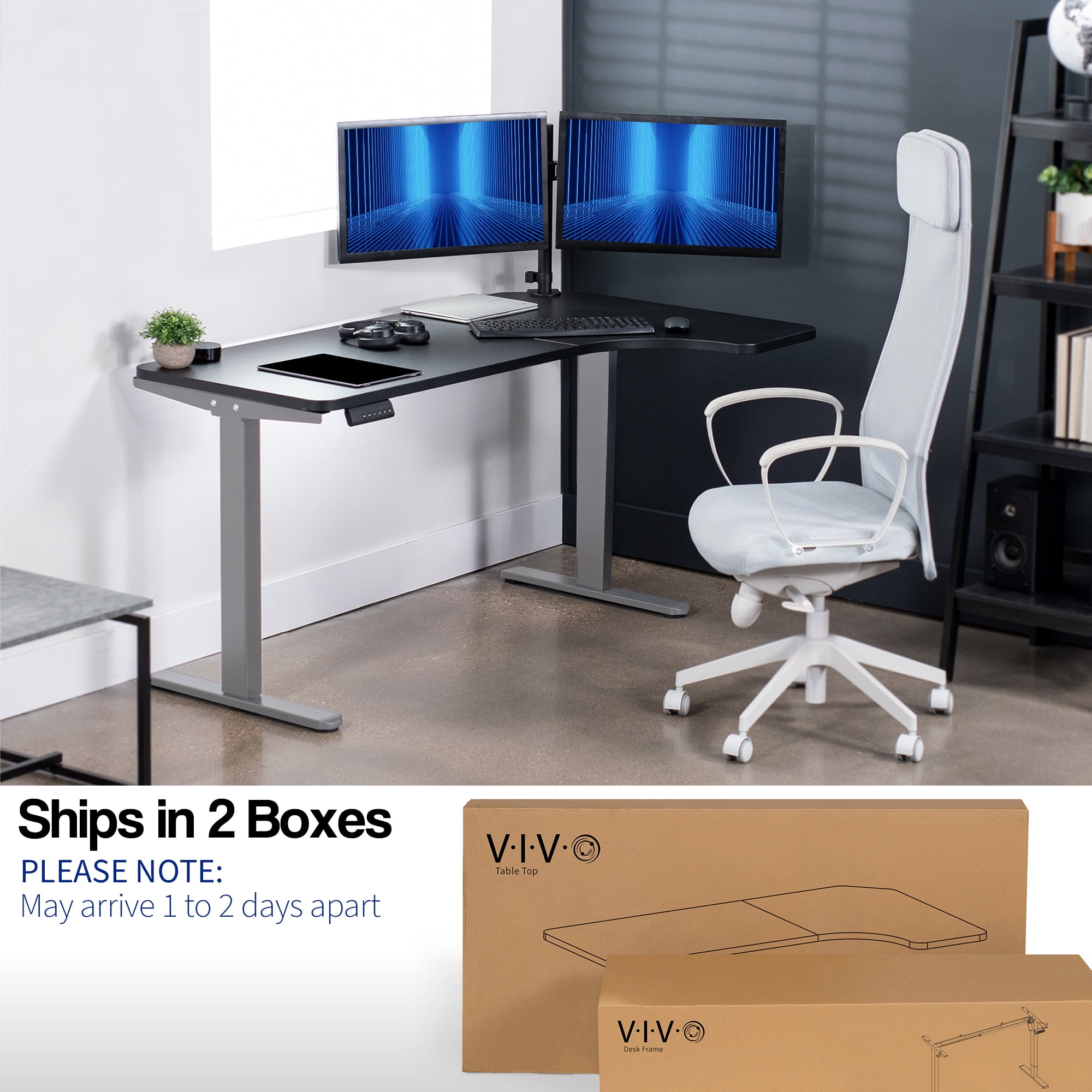 VIVO Electric 58" x 35" Dual Motor Standing Corner Desk, Black Top, Gray Frame