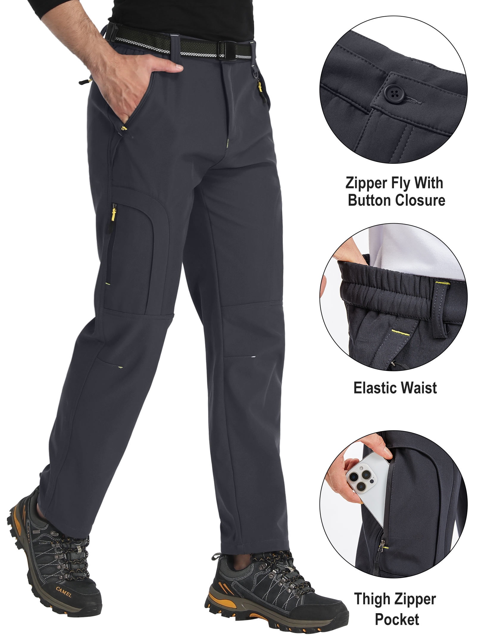 POENTAB Fleece Lined Pants For Men Water Resistant Windproof Ski Snow Pant Winter Thermal Work Trousers with Zipper Pockets Grey 36