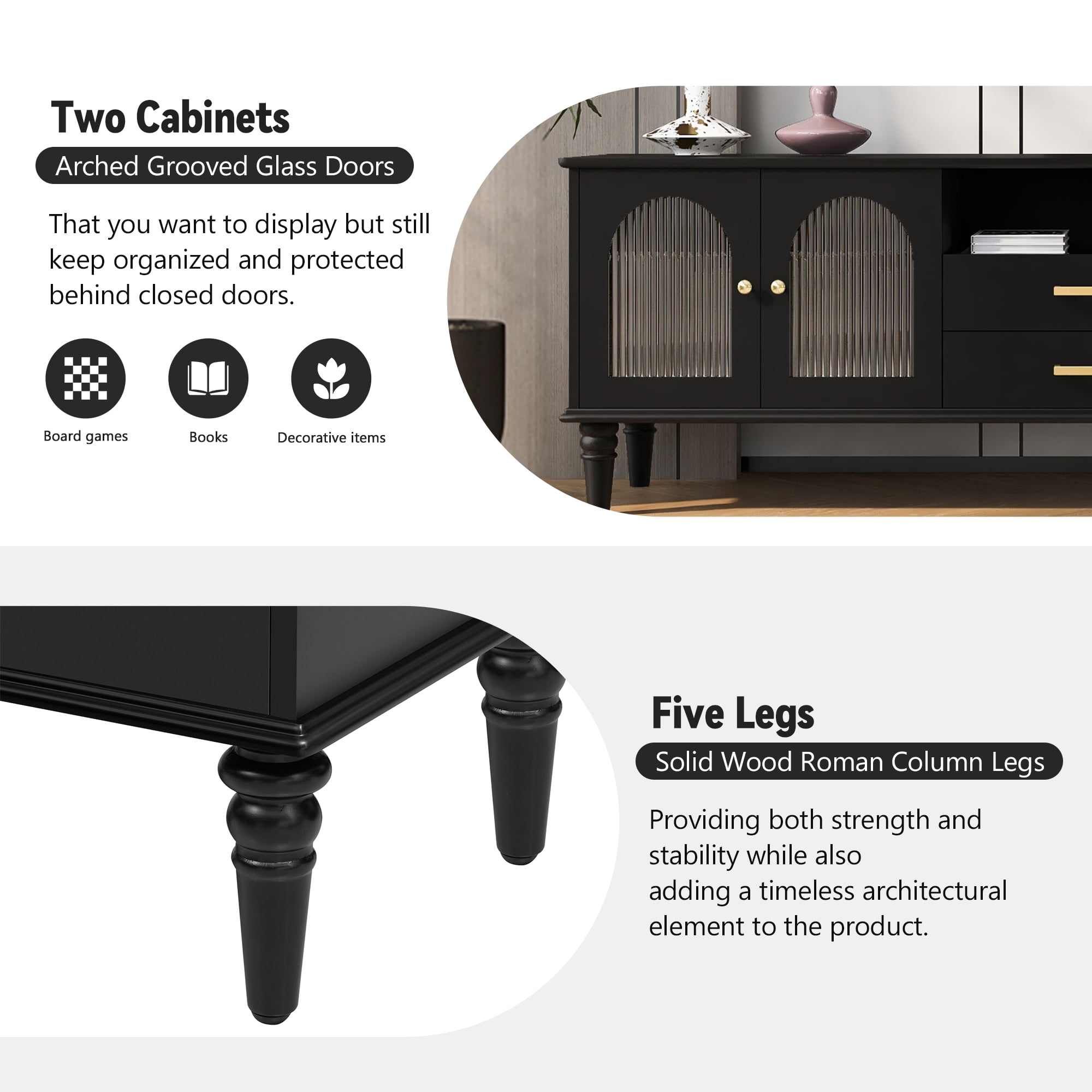 Harper & Bright Designs TV Stand with Fluted Glass Doors for 75 inch TV, TV Storage Cabinet Table with Drawers, Wood Media Console Table with Solid Wood Legs for Living Room, Black
