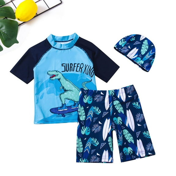 Ydojg Boy Swimsuit Set Toddler Casual Stretch Lightweight Swimsuits Trunks With Swimming Cap 3 Pieces Bathing Suit Summer Short Sleeve Kids Swimwear Size 6-7 Years Navy