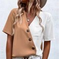 thumbnail image 3 of Camiseta De Verano Cuello En V Botón Oblicuo Bloque De Color Casual Cómodo Top De Mujer Para Ir De Compras Trabajo Caqui M, 3 of 6