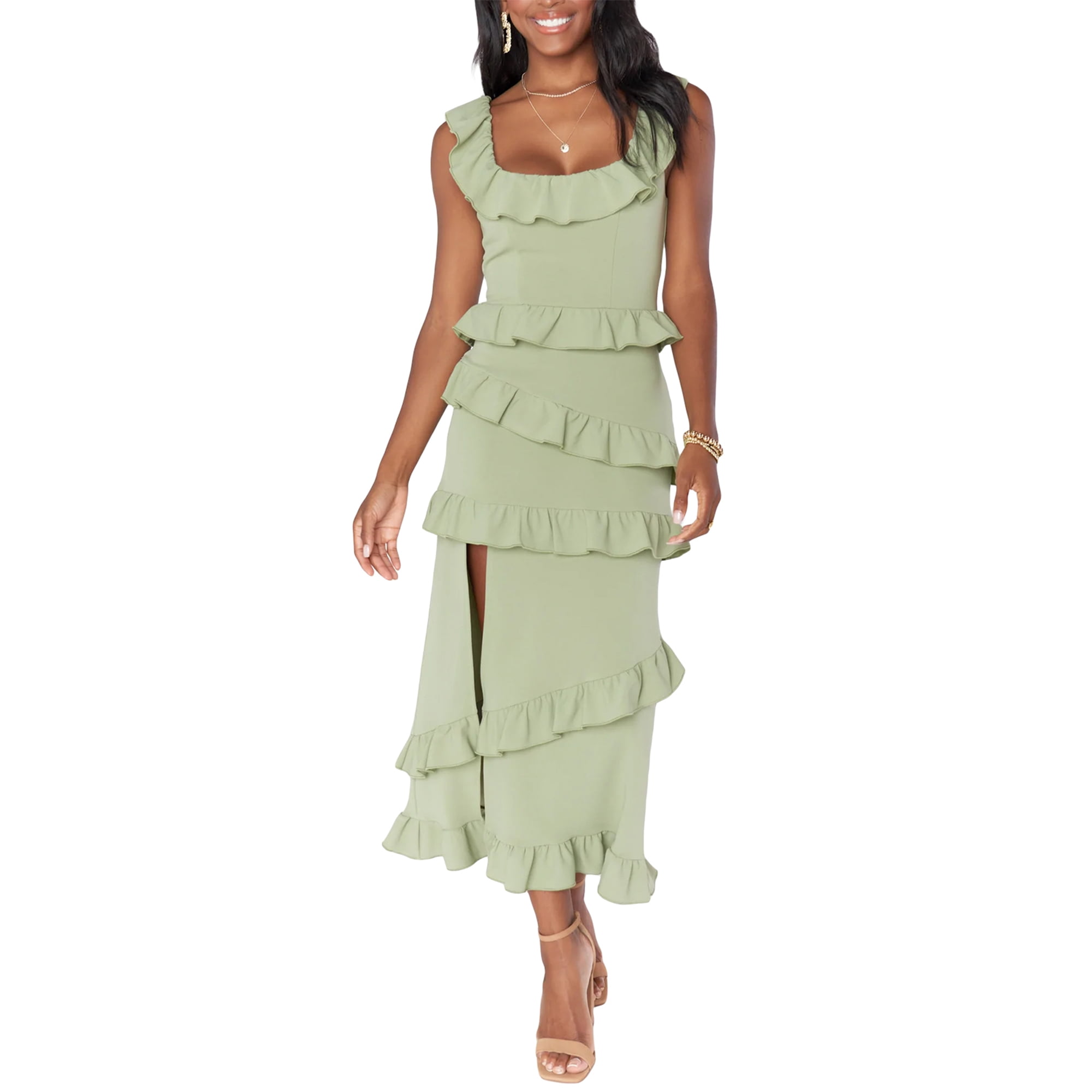 ZAXARRA Women Long Bodycon Dress Solid Color Square Neck Sleeveless Tight  Dress Summer Ruffles Side Slit Party Dress - Walmart.ca