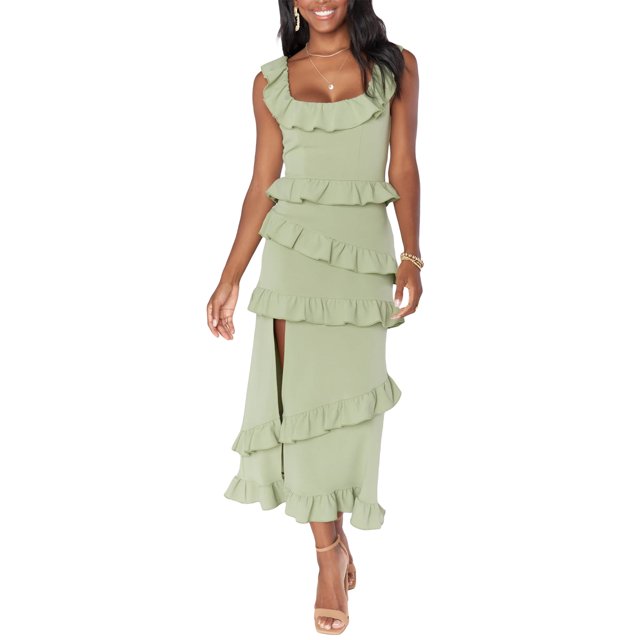 ZAXARRA Women Long Bodycon Dress Solid Color Square Neck Sleeveless Tight Dress Summer Ruffles Side Slit Party Dress