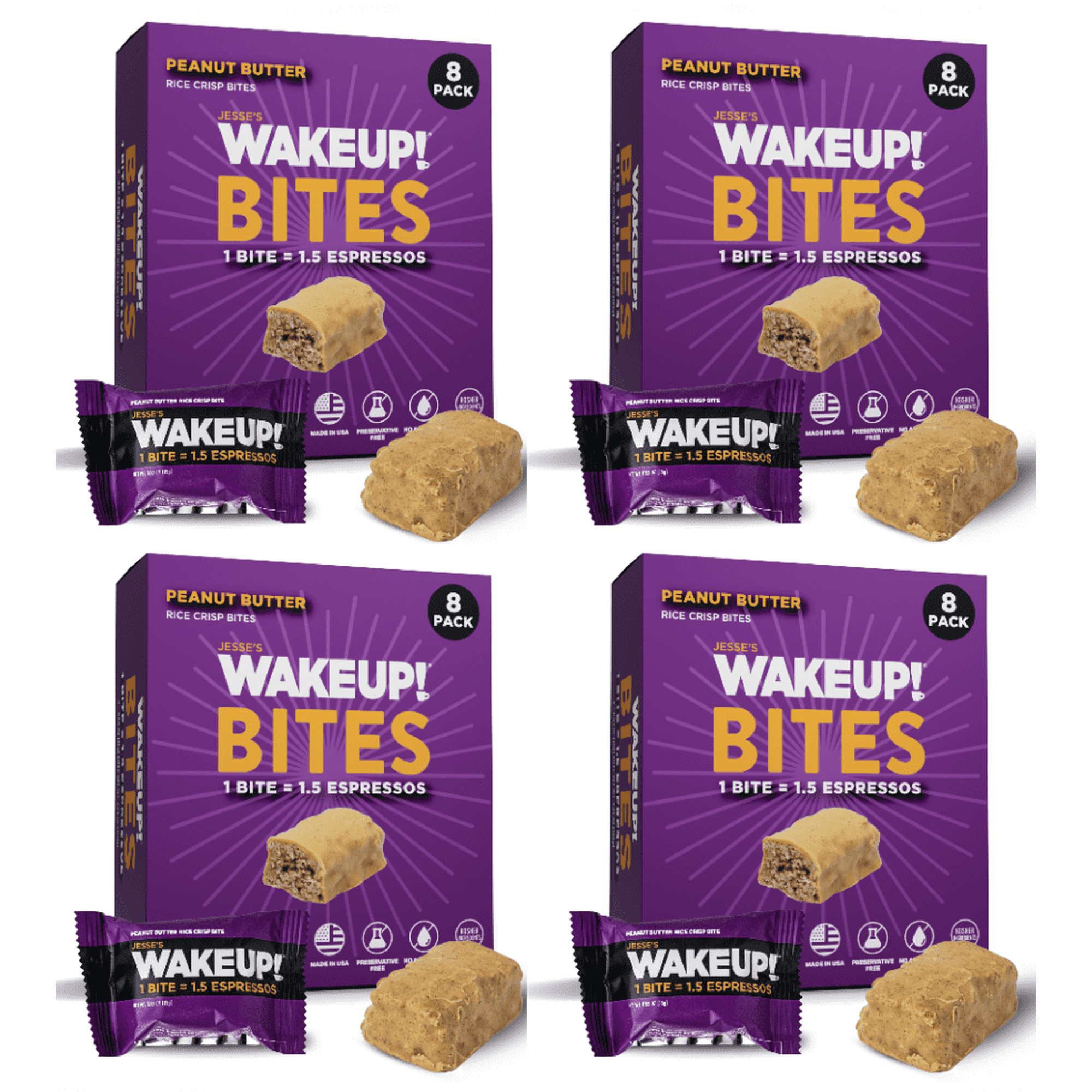 Jesse’s Wakeup Caffeinated Peanut Butter Bites – Gluten-Free 175mg 4 Boxes (32 pack bites)