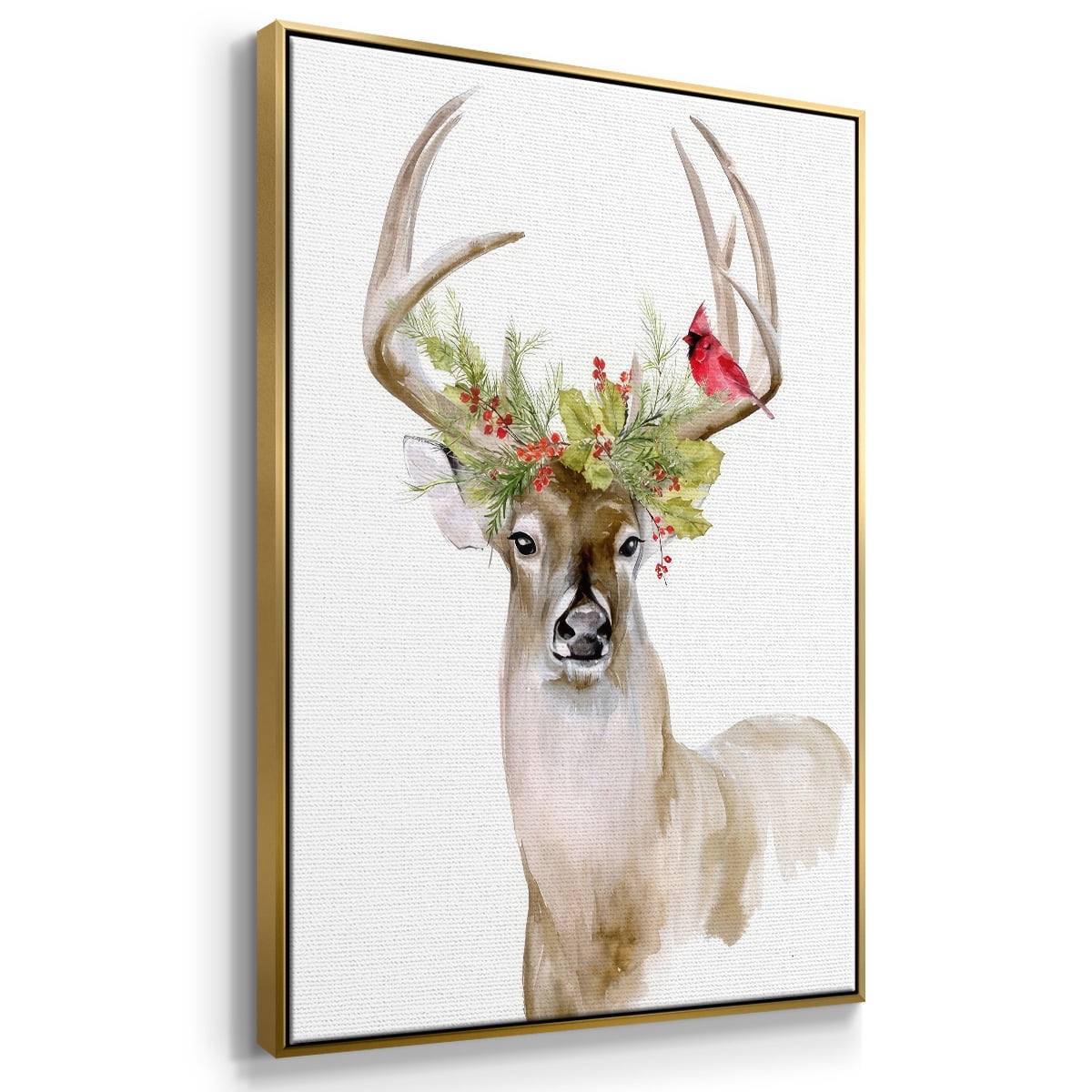 Holiday Deer I - Framed Gallery Wrapped Holiday Canvas - 27 x 41 - Gold Frame