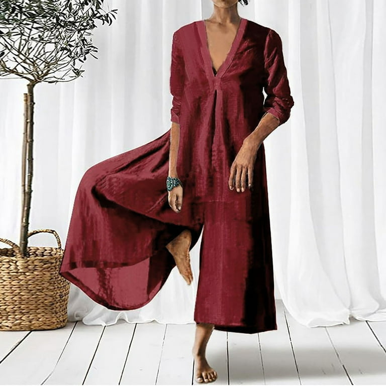 BLVB Women 2025 Cotton Linen Jumpsuit Long Sleeve V Neck Capri Culottes Pants Rompers Plus Size Womens Summer Clothes