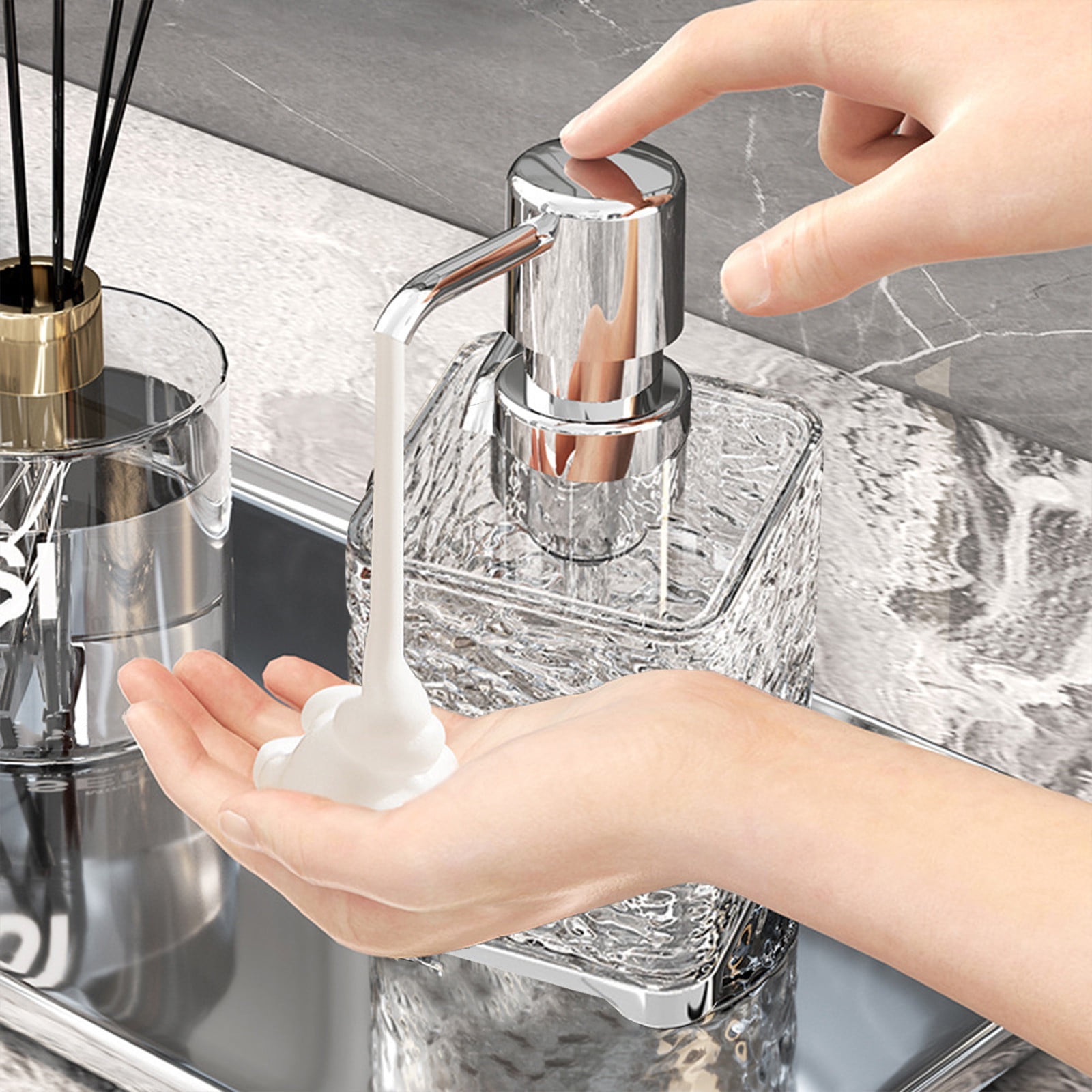 Glass Foaming Soap Dispenser with Silver Pump, Vintage-Inspired Modern Glass Refillable Bottle for Bathroom Vanity Countertop and Kitchen