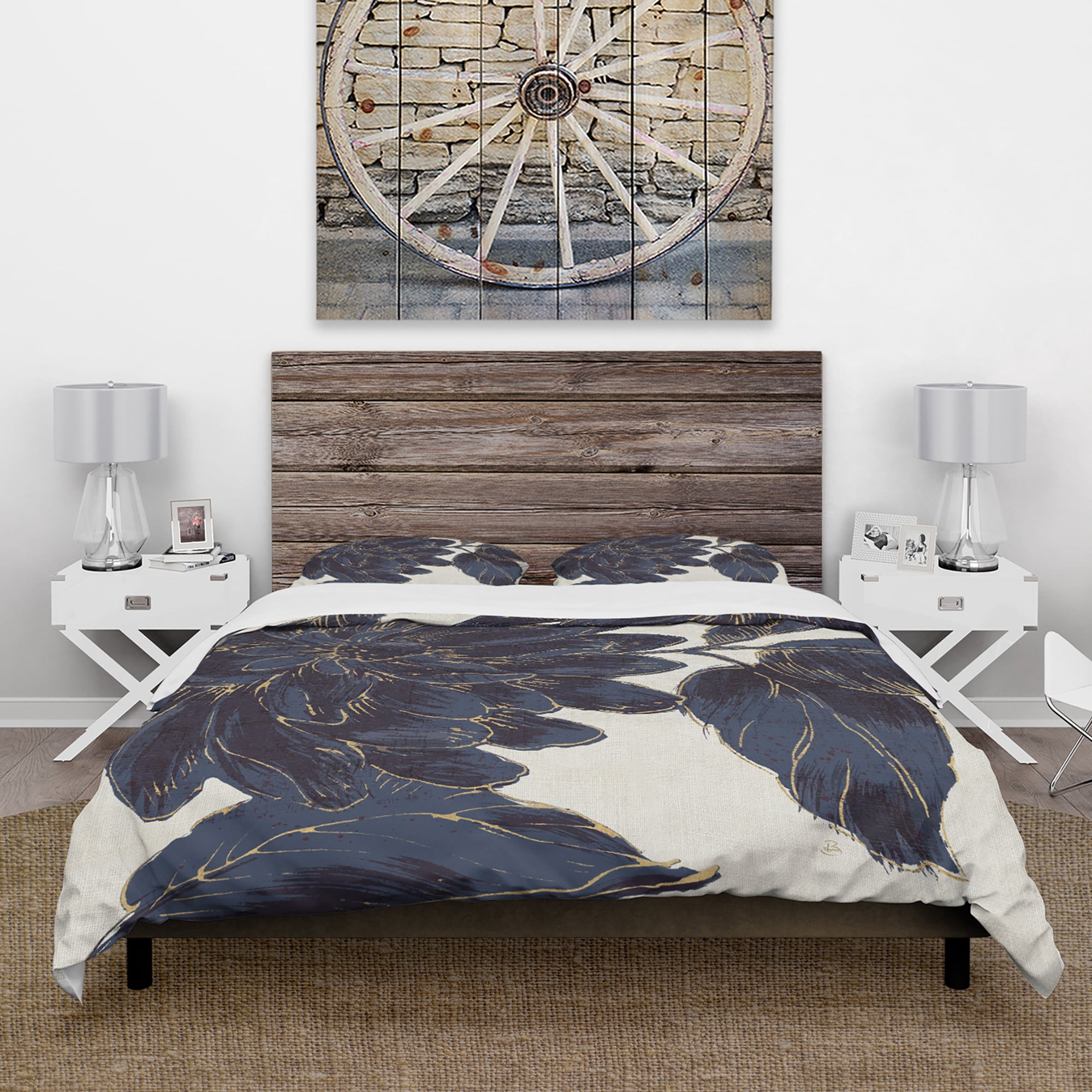 Designart 'Indigo Gold Metallic Flower' Farmhouse Duvet Cover Set