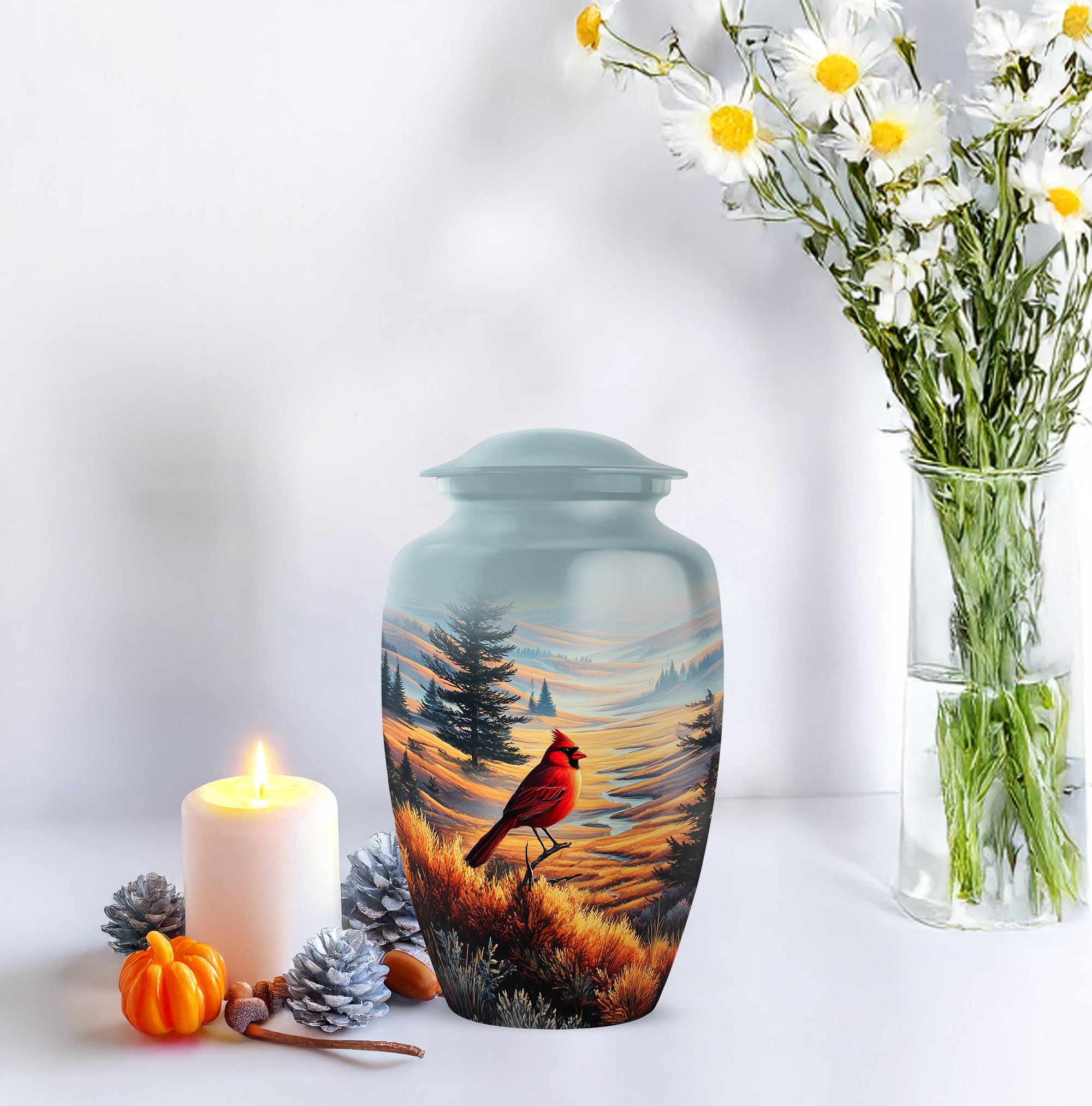 Cardinal Bird Funeral Urn For Ashes For Women - Large Mountain Urns For Human Ashes Adult Male - Blue Cremation Urns For Mom - Funeral Urn For Male, 10 Inch