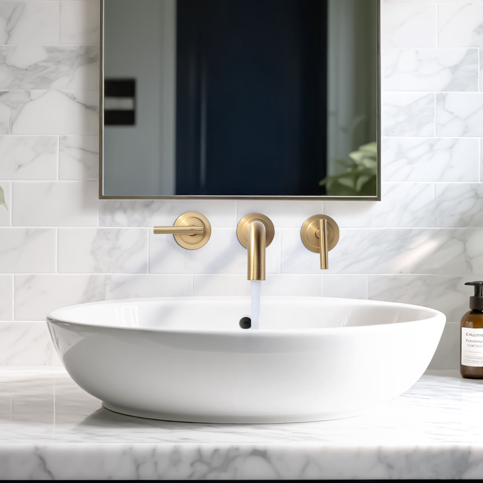 Double Handle Wall Mounted Bathroom Faucet with Rough-in Valve Included in Solid Brass Gold